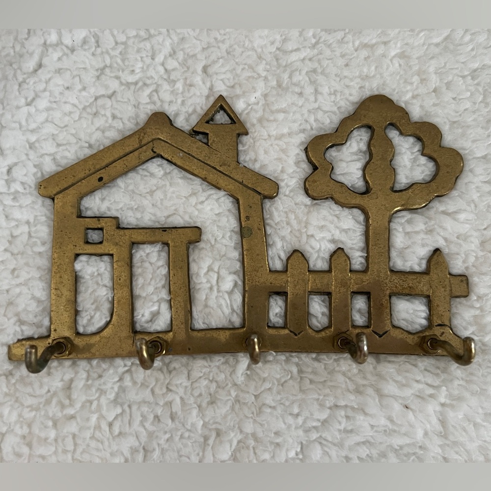 Vintage Solid Brass 5- Hook Key Holder House and Tree Wall Mount